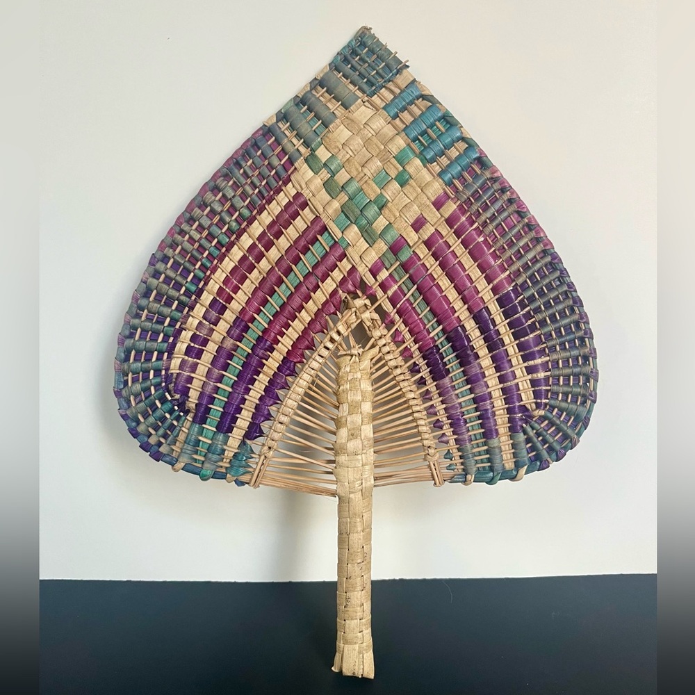 Hand Crafted Woven Palm Bamboo Fan Bohemian Boho Purple Green Natural Materials - Picture 1 of 6